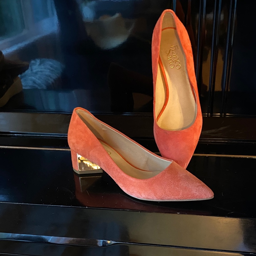 Franco Sarto Coral Suede Pointed Low Block Heel Pumps